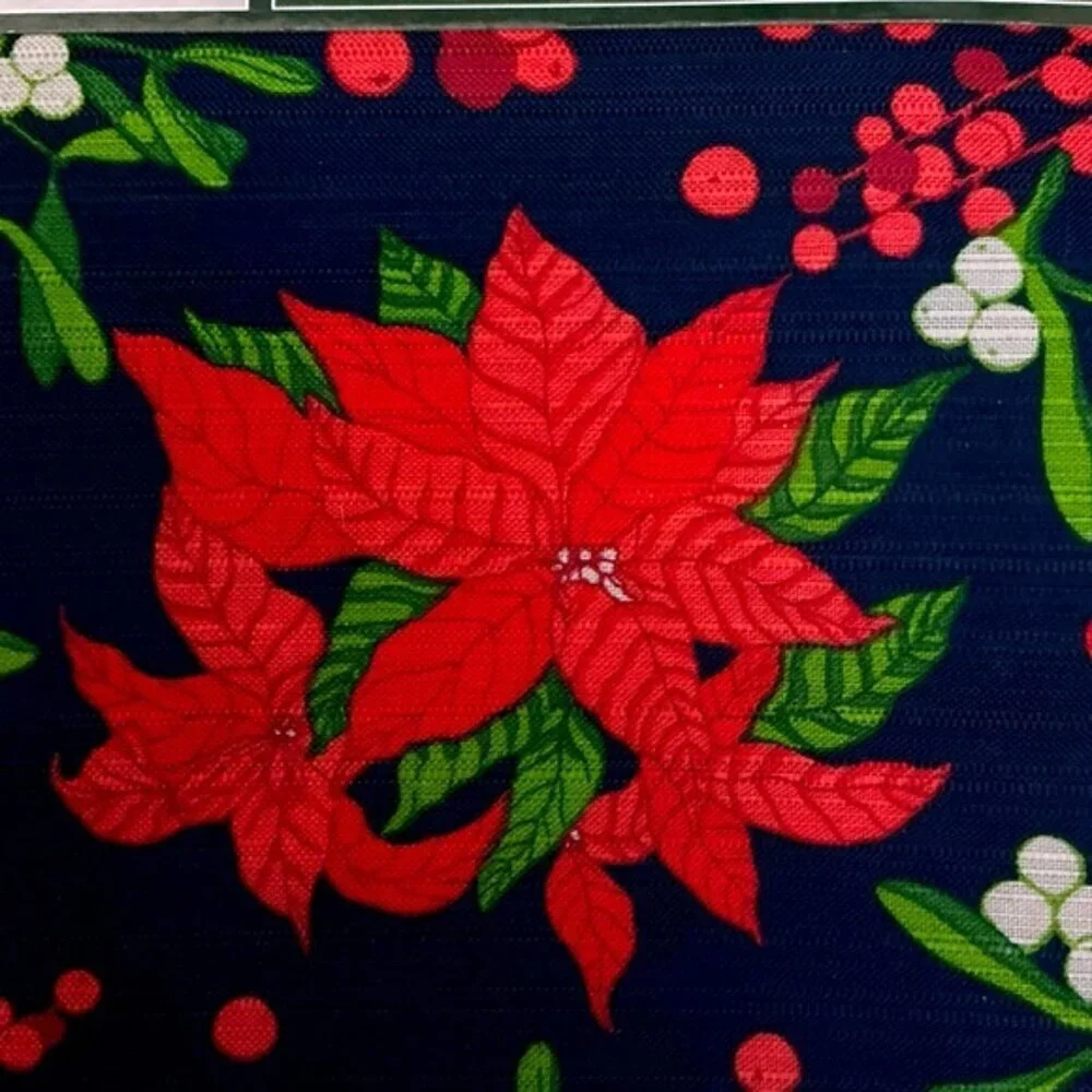 Christmas Shower Curtain Holiday Poinsettias Fabric Classic Navy Blue 70x72 In